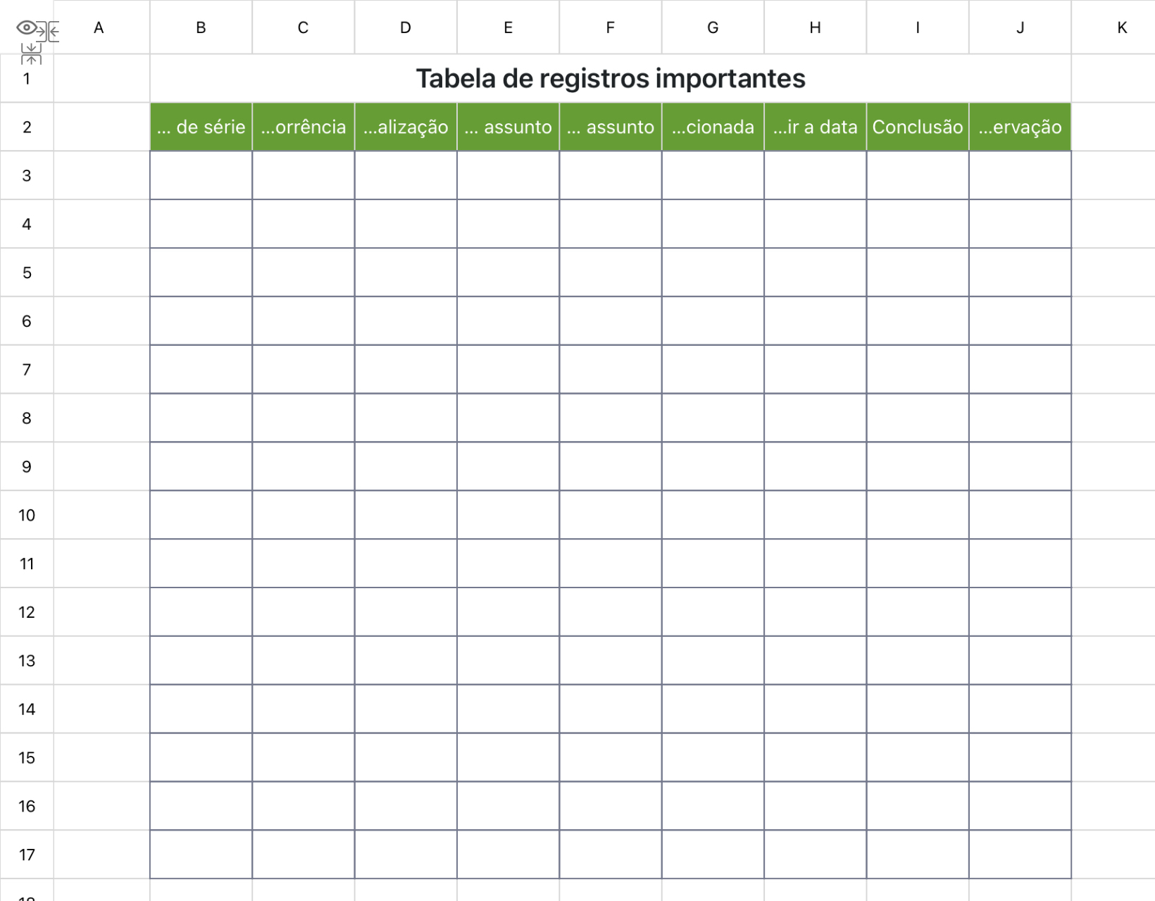 Tabela de registros importantes